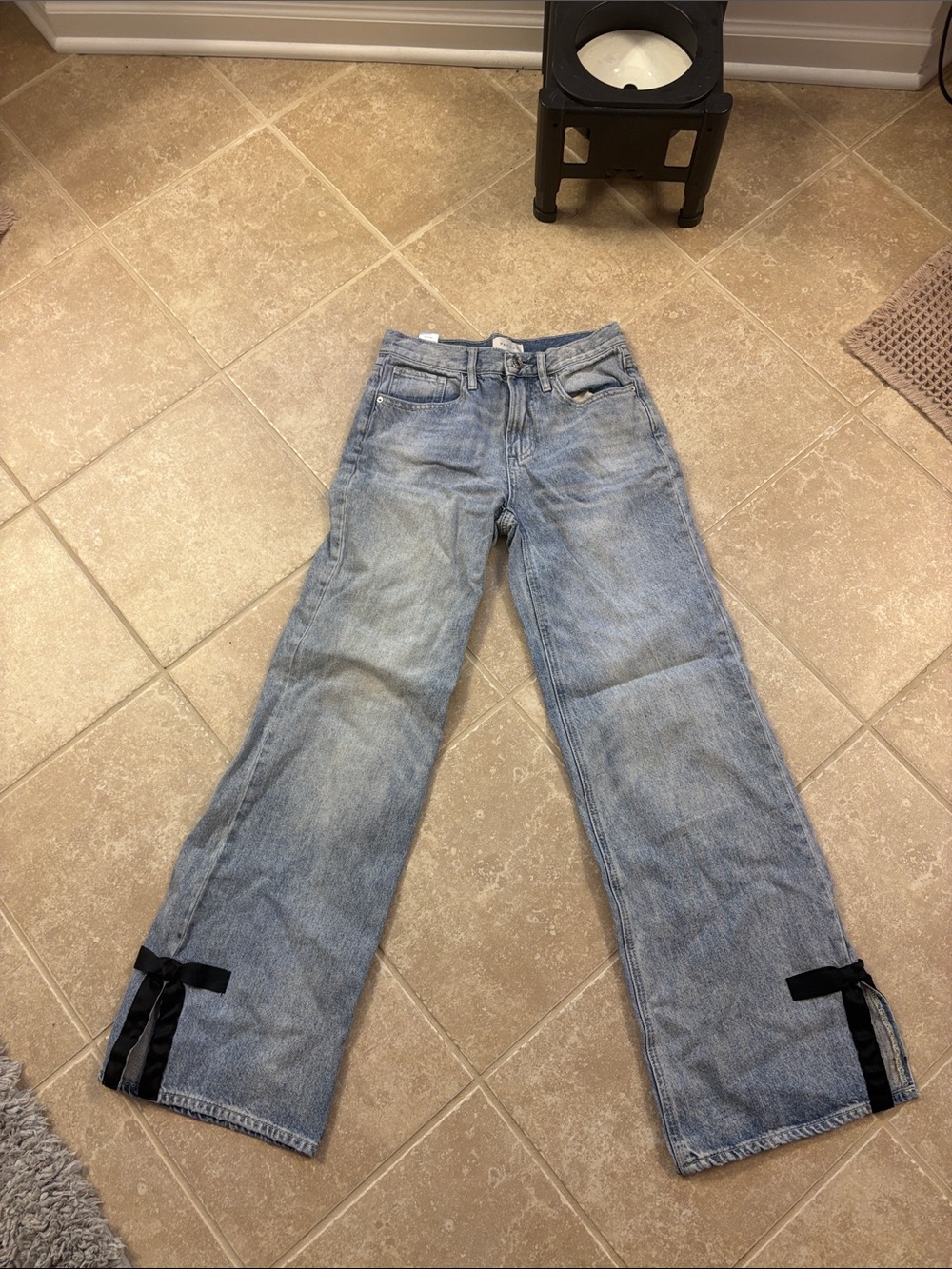 PacSun Light Blue Wide Leg Jeans with Black Ribbon Detail